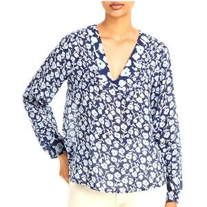 Vineyard Vines Top Floral  Rock Rose V-Neck Long Sleeve Pintuck Blue Size Small